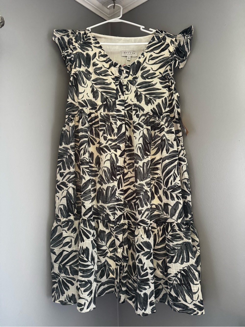 Hayden Cream Dress with Navy Leaf Print, Flutter Sleeves